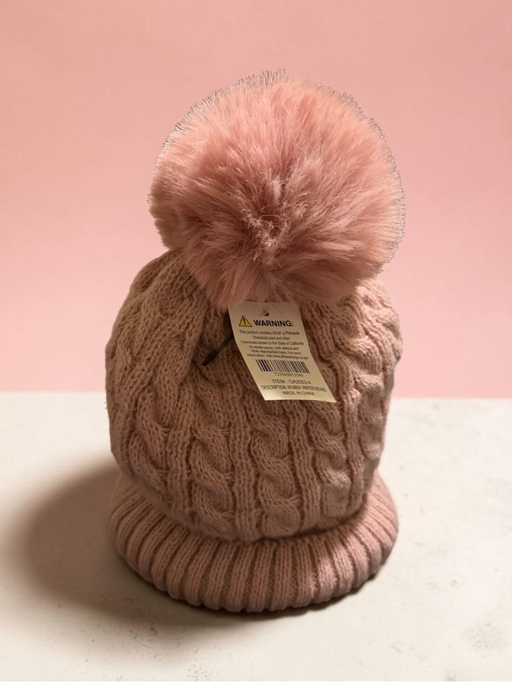 Soft Pink Cable Knit Pom-Pom Beanie Hat